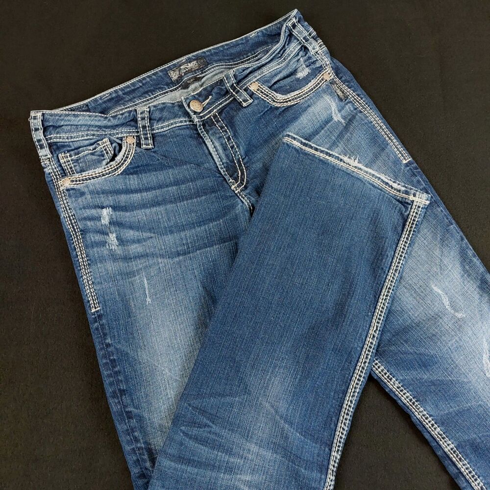 Silver Jeans Women's Boot Cut Jeans - Blue Faded Distress
